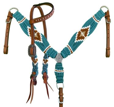 Showman Pony Size Corded One Ear Headstall & Breast collar set - Teal and Brown